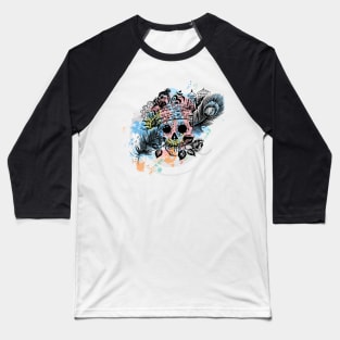 Skull with rose and peacock feathers Baseball T-Shirt